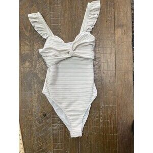 Retro Ruffle Cream Metallic Striped One-Piece Swimsuit - Small